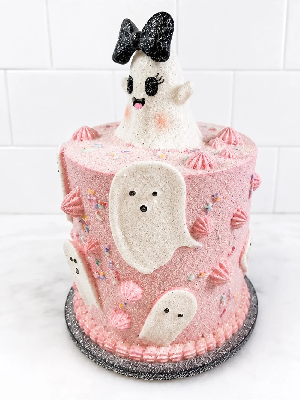 Pink Faux Cake Ghost Figurine Halloween Pastel Goth Decor Black Bow New